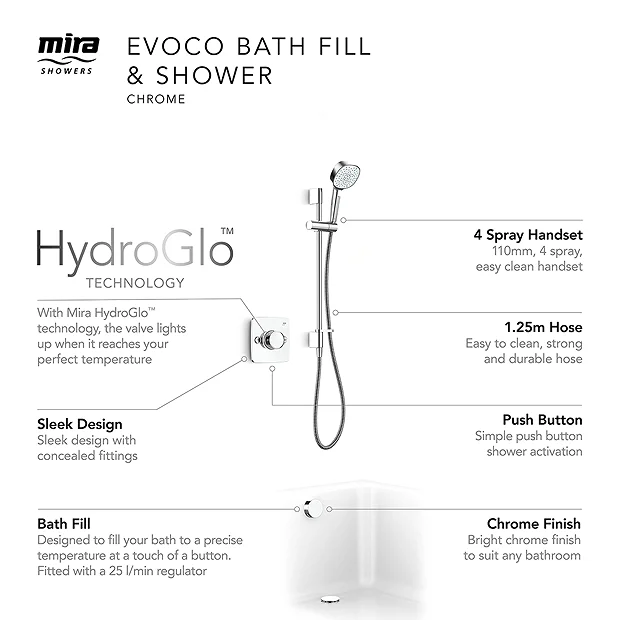 Mira Evoco Dual Outlet Chrome Thermostatic Mixer Shower With Bathfill