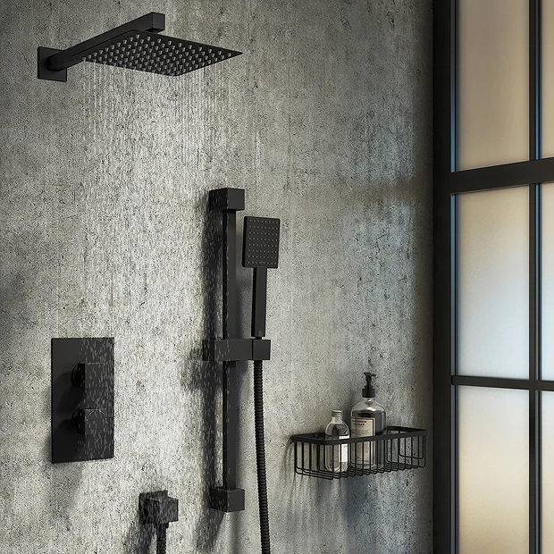 Arezzo Matt Black Square Thermostatic Shower Pack Incl. Wall Mounted Head + Slider Rail Kit - Image 2