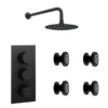 Arezzo Matt Black Round Concealed Triple Shower Valve With Fixed Head + 4 Body Jets