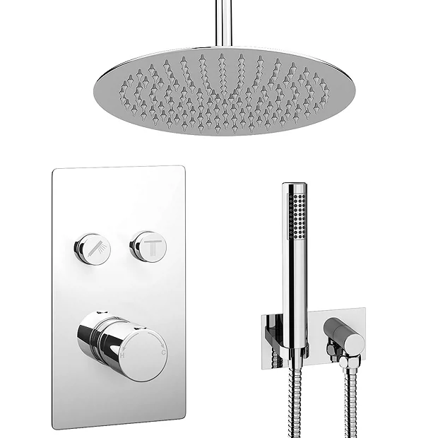 Cruze Round Push-Button Ceiling Mounted Shower Pack (with Handset + Rainfall Shower Head - Image 2
