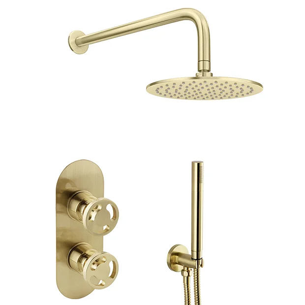 Arezzo Brushed Brass Industrial Style Shower System With Concealed Valve, Head + Handset