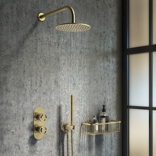 Arezzo Brushed Brass Industrial Style Shower System With Concealed Valve, Head + Handset - Image 2