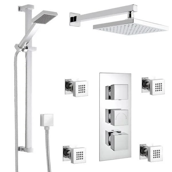 Milan Square Triple Shower Package With Diverter Valve, Head, 4 Body Jets + Slider - Image 5