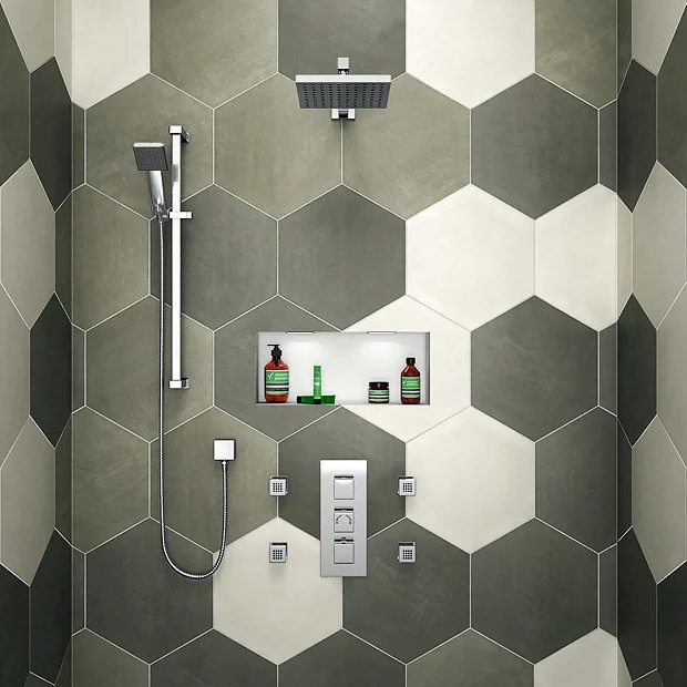 Milan Square Triple Shower Package With Diverter Valve, Head, 4 Body Jets + Slider - Image 2